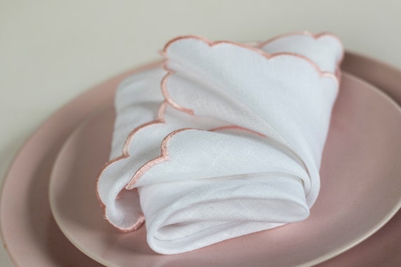 White Linen Cloth Napkins Set With Scalloped Edges for Table Decor  18''x18'' Size Set of 6 