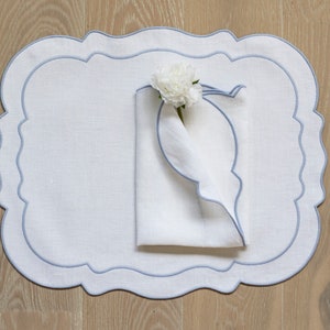 White linen scalloped table mats with double light blue trim for table decor 15x18&#39;&#39; size Baby shower decor