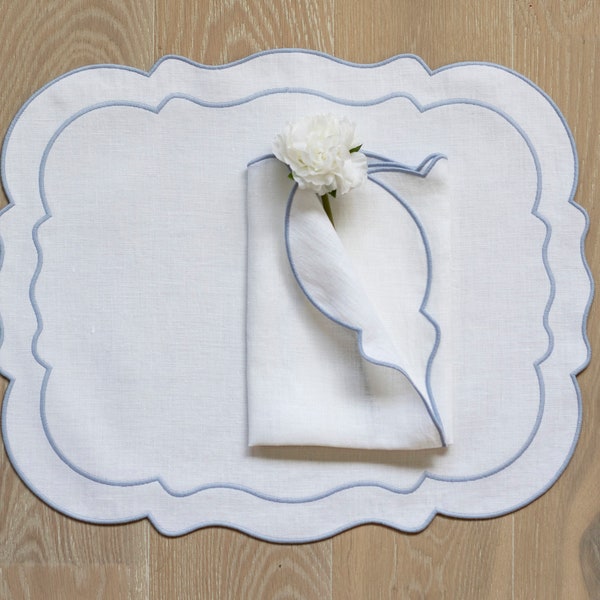 White linen scalloped table mats with double light blue trim for table decor 15x18'' size Baby shower decor