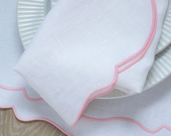 White linen cloth scallop napkins with light pink trim for table decor 18''x18'' size set of 4, 6 or 8 Baby shower decor