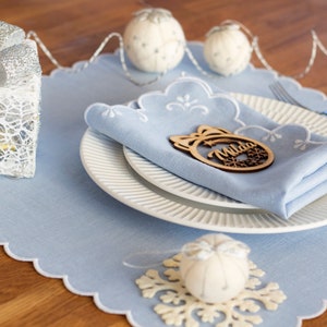 Baby blue linen placemats with scallop edges in white for table decor 18&#39;&#39;x18&#39;&#39; size