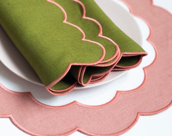 Set of 4 Moss Green Linen Napkins with Pink Scalloped Trim - Elegant Table Linens 18x18'' Size for Dining Décor