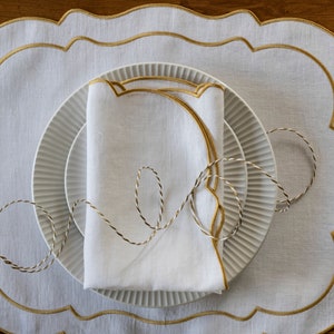 Snow white linen scalloped table mats with double gold trim for table decor 15x18&#39;&#39; size Christmas table decor
