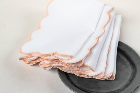 White Linen Cloth Napkins Set With Scalloped Edges for Table Decor  18''x18'' Size Set of 6 