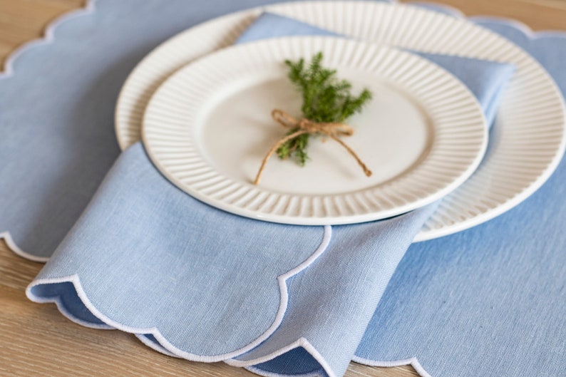 Baby Blue Linen Table Mats With Scallop Edges in White for Etsy