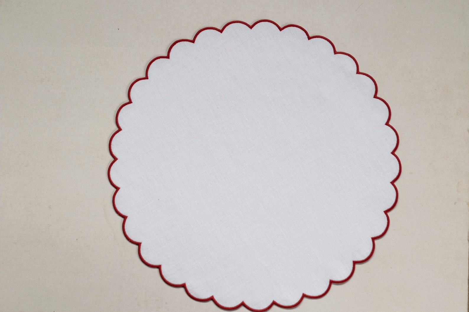 White linen round table mats with scallop edges in coral for Etsy