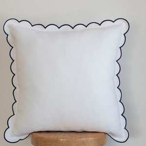 White Linen Scalloped Edge Pillow Cover with Dark Blue Detailing 16x16'' size image 1
