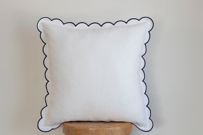 White Linen Scalloped Edge Pillow Cover with Dark Blue Detailing 16x16'' size image 1