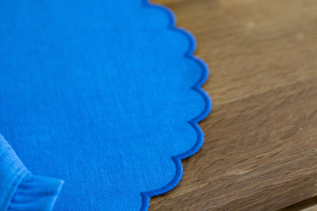 Blue Linen Round Table Mats With Scallop Edges in Blue for Etsy