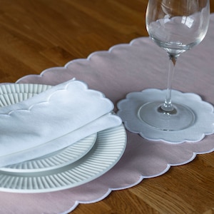 Blush Pink Table Runner with Scalloped White Edges - 12x47 Inch - Elegant Home Decor and Dining Accent