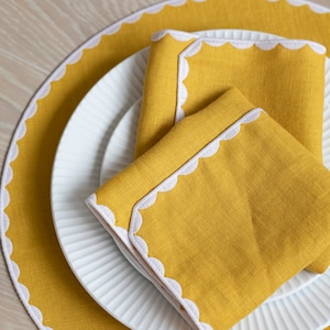 Yellow linen cloth scallop napkins set  for table decor set of 2, 4 or 6