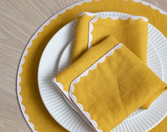 Yellow linen cloth scallop napkins set  for table decor set of 2, 4 or 6