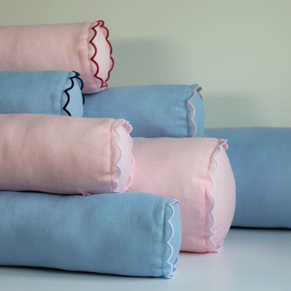 Baby Pink Linen Bolster Pillow Cover – Scalloped Edge Accent Pillow