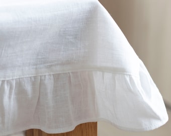 White ruffled tablecloth, custom size available, table decor, altar cloth, many colors available