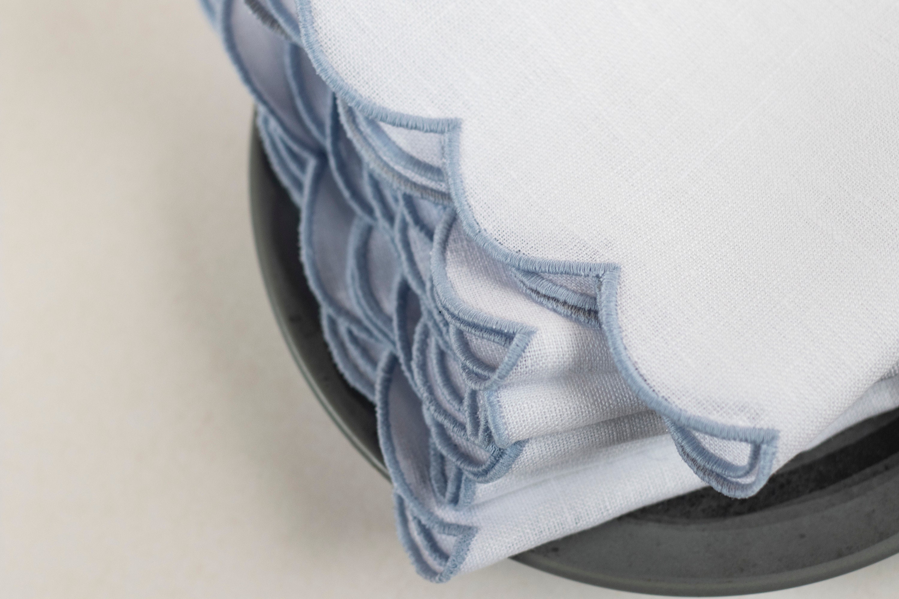 Personalized white linen cloth scallop napkins with blue trim Etsy