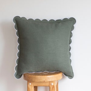 Sage green Linen Scalloped Edge Pillow Cover - 16x16'', 12x18'' , 16x21'', 12x28'' or 12x36'' size