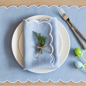 Baby blue linen table mats with scallop edges in white for table decor 13''x18'' size, set of 2, 4, 6, 8 or 10