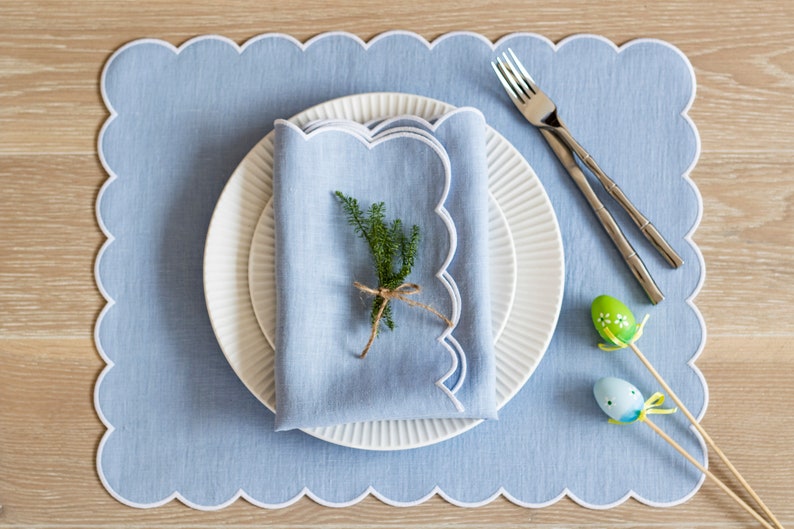 Baby Blue Linen Table Mats With Scallop Edges in White for Etsy