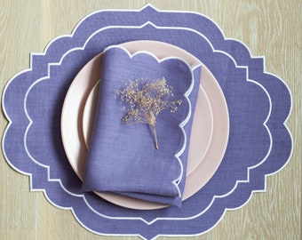 Lavender linen scalloped table mats with double white trim for table decor 15x18'' size
