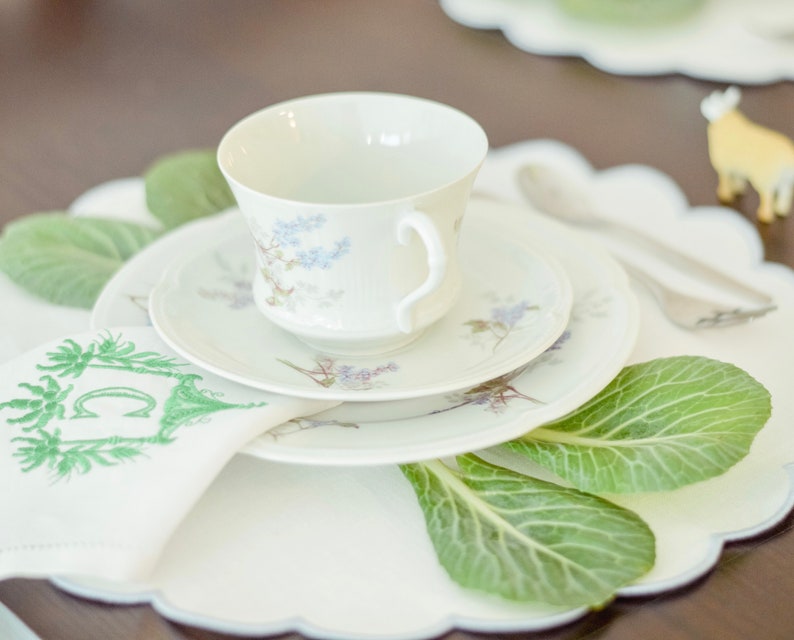 White linen round table mats with scallop edges in white for Etsy