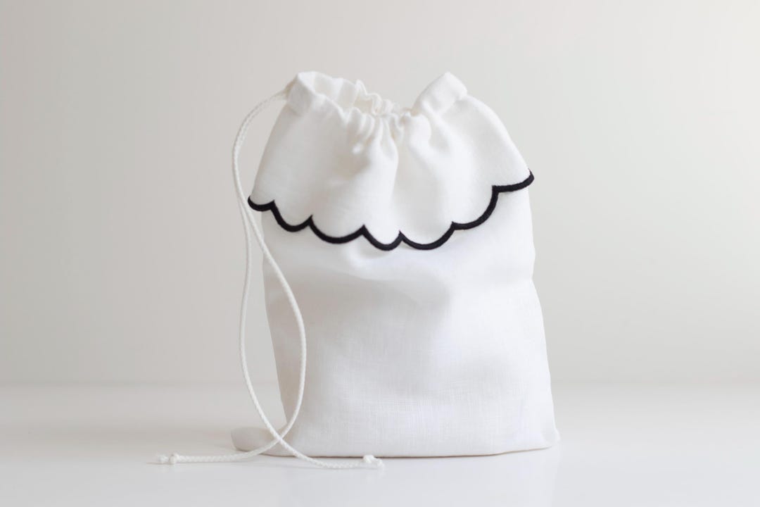 Drawstring Edge Cover White Linen Drawstring Bag, Black Scalloped Edge, Jewelry Pouch ...