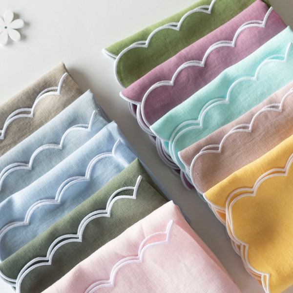 Spring Colorful Napkins with Scalloped Edges - Set of 2 | 18x18'' Size | Wedding Table Decor | Dining Linens | Farmhouse Style