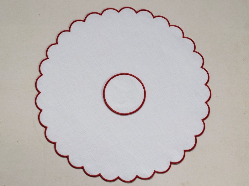 White linen round table mats with scallop edges in coral for Etsy