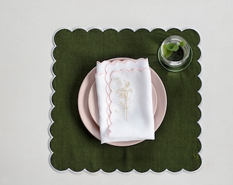 Dark moss green linen table mats with scallop edges in white for table decor 18''x18'' size