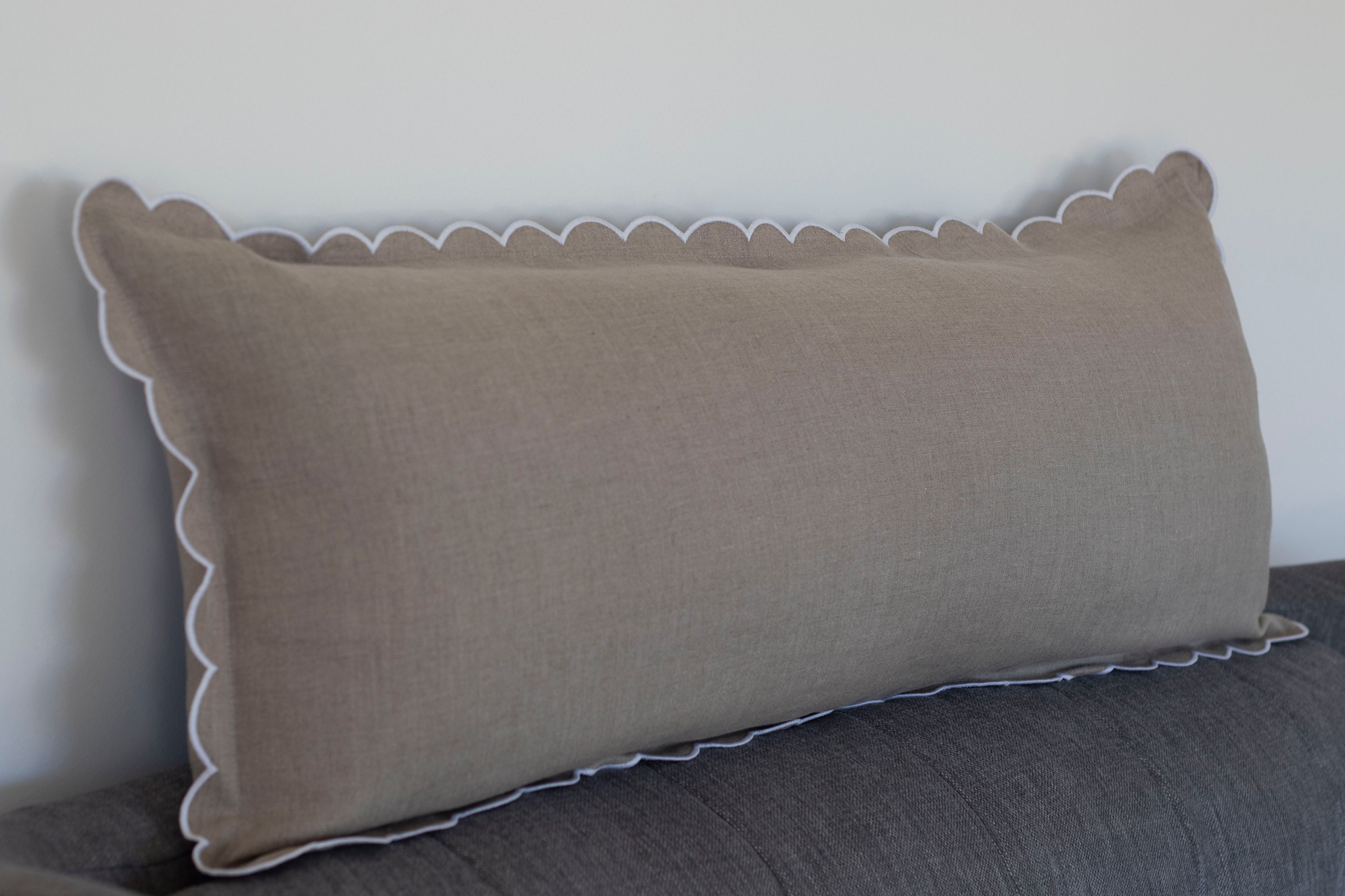 Linen Scalloped Edge Pillow Cover with White Detailing - many colors and sizes available