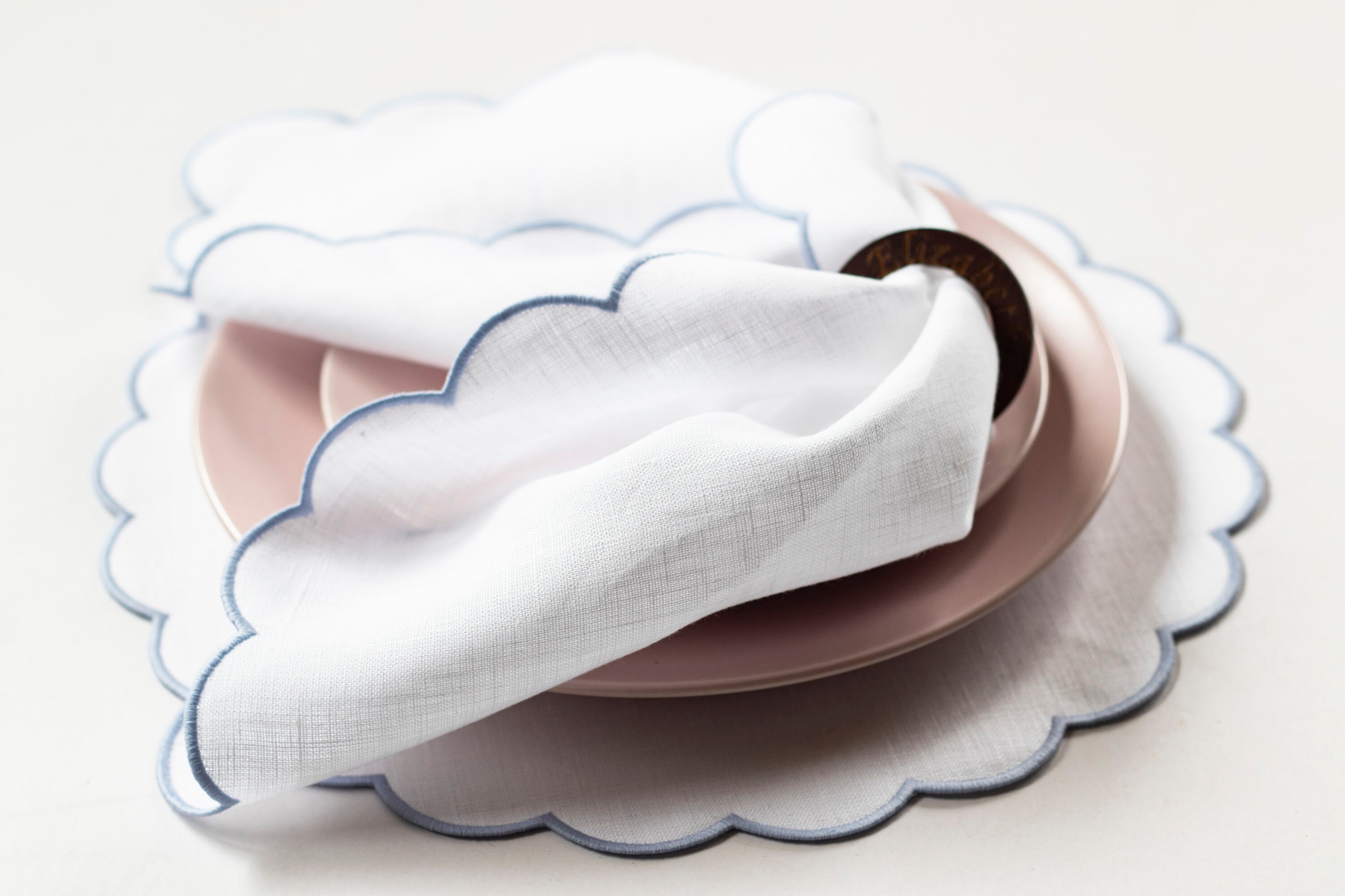 Personalized white linen cloth scallop napkins with blue trim Etsy