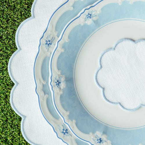 White Linen Round Table Mats With Scallop Edges in Blue for Etsy