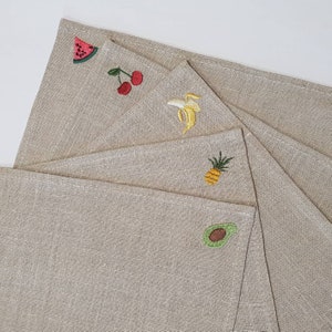 Fruit embroidery on natural linen napkins Embroidered fruits on natural linen napkins image 1