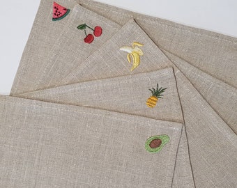 Geborduurde linnen servetten, natuurlijke stof, fruitontwerp
