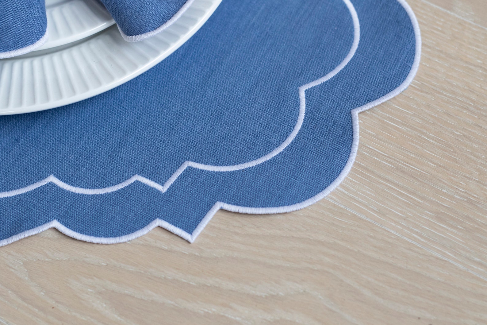 Sky Blue Linen Scalloped Table Mats With Double White Trim for Etsy UK