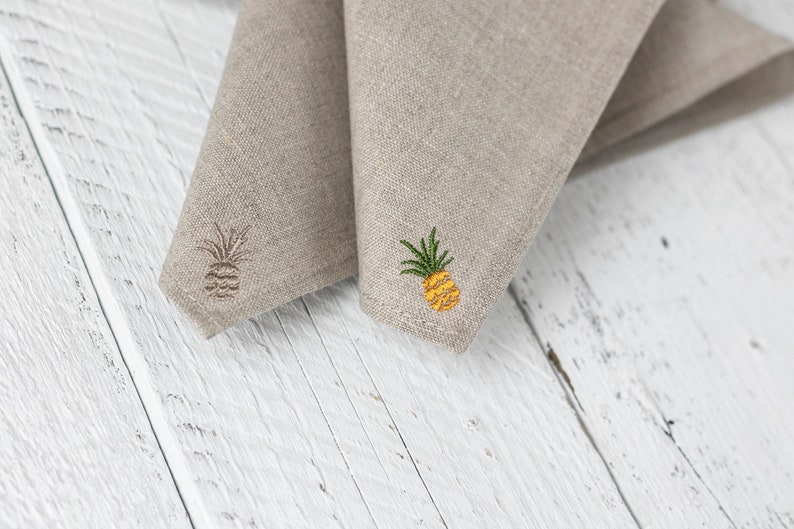 Embroidered wedding napkins, pineapple decor on linen napkins, natural linen napkins set, wedding or party napkins image 1