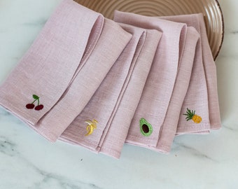 Linen dinner napkins Fruit embroidery on blush pink linen napkins Bachelorette party Baby shower party decorations