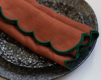 Burnt orange linen cloth scallop napkins with green trim for table decor 18''x18'' size set of 4, 6 or 8