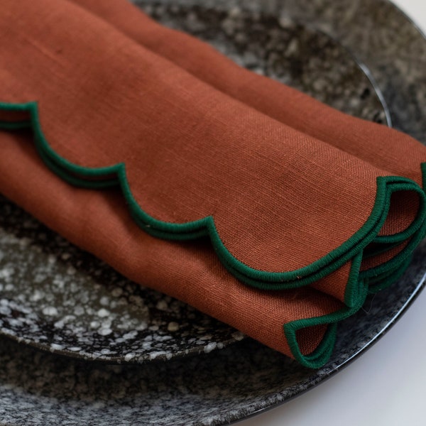 Burnt orange linen cloth scallop napkins with green trim for table decor 18''x18'' size set of 4, 6 or 8