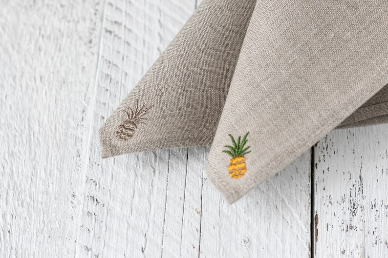 Embroidered wedding napkins, pineapple decor on linen napkins, natural linen napkins set, wedding or party napkins image 6