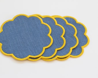 Blue yellow coasters Support Ukraine Round scalloped blue linen coasters Cocktail napkins Set of 4, 6 or 8 Round coasters with trim