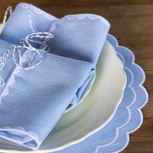 Baby blue linen round table mats with scallop edges in white for table decor Set of 2, 4 or 6