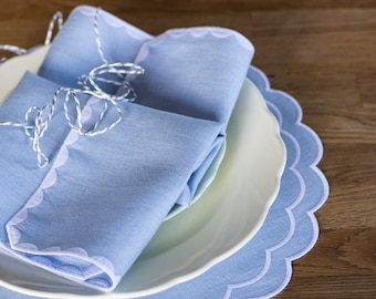 Baby blue linen round table mats with scallop edges in white for table decor Set of 2, 4 or 6