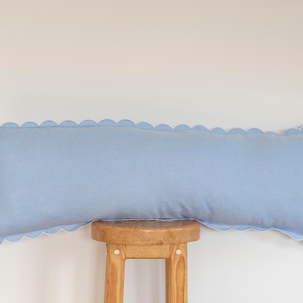 Baby blue Long Lumbar Linen Scalloped Edge Pillow Cover - 12x28'' or 12x36'' size