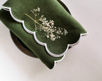 Dark moss green or chocolate brown linen cloth scallop napkins set  Wedding napkins for table decor 18''x18'' size set of 8