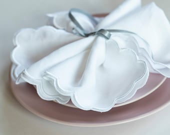 Snow white linen cloth mini scallop napkins set  for table decor 18''x18'' size set of 6