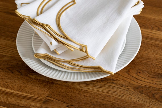 12 Linen Dinner Napkins with Hemstitched Edges 24 inch White | Cloth Table Napkins | Linen Wedding Napkins | Everyday Napkins