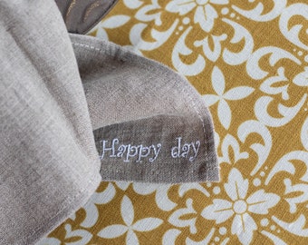 Reusable housewarming gift Happy day napkins Softened natural linen dinner napkins with embroidery Just married party table decor