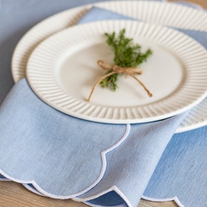 READY TO SHIP Baby blue linen cloth scallop napkins with white trim for table decor 18''x18'' size set of 2