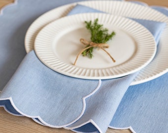 Baby blue linen cloth scallop napkins with white trim for table decor 18''x18'' size set of 4, 6 or 8