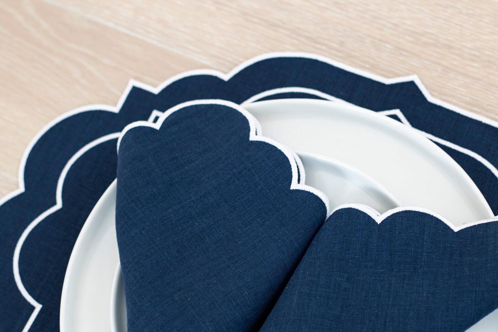 Navy Linen Scalloped Table Mats With Double White Trim for Etsy